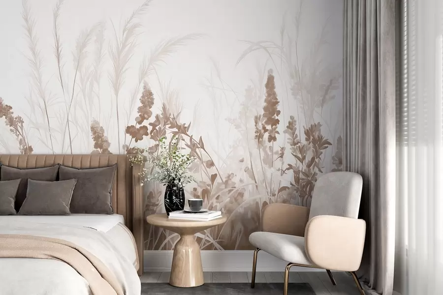 fototapeter Brune blomster og beige siv på et jorde, minimalistisk maleritekstur, lys bakgrunn, myke farger, delikate penselstrøk  w08982v1