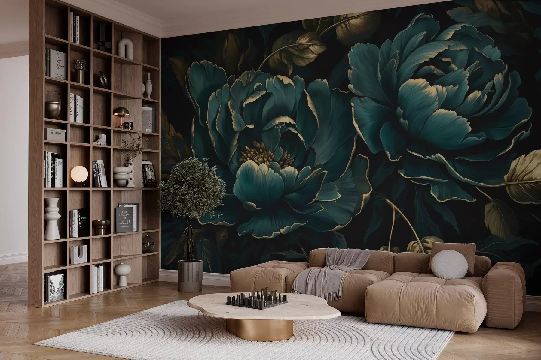 fototapeter Blomstrende pionerblomster på en mørk bakgrunn w03651