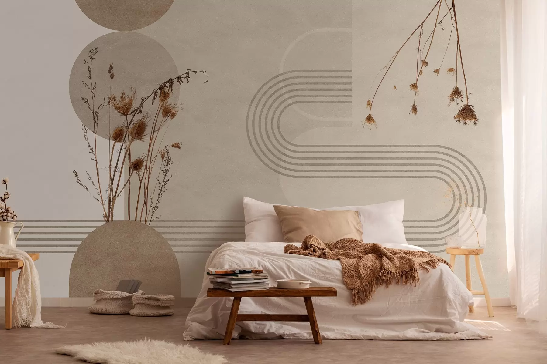 fototapeter stilig geometri og tørkede blomster i beige toner w03449