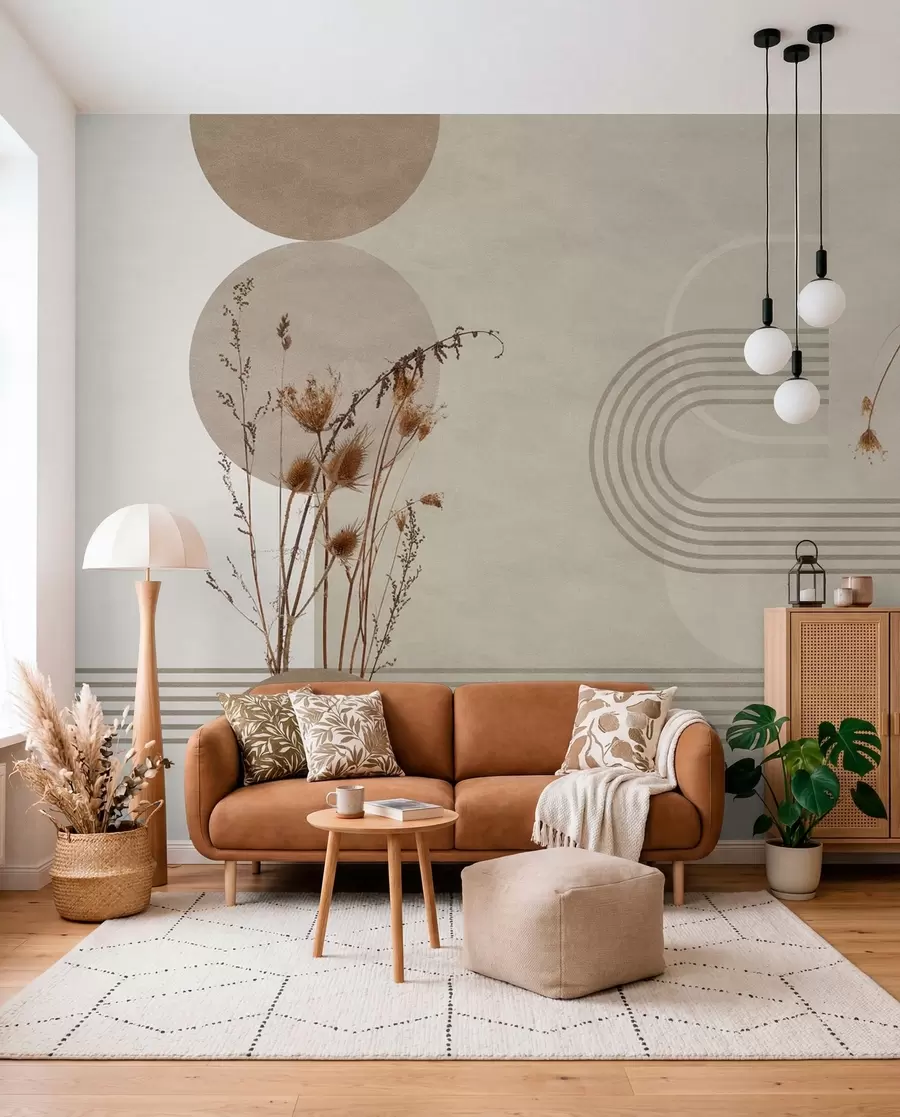 fototapeter stilig geometri og tørkede blomster i beige toner w03449