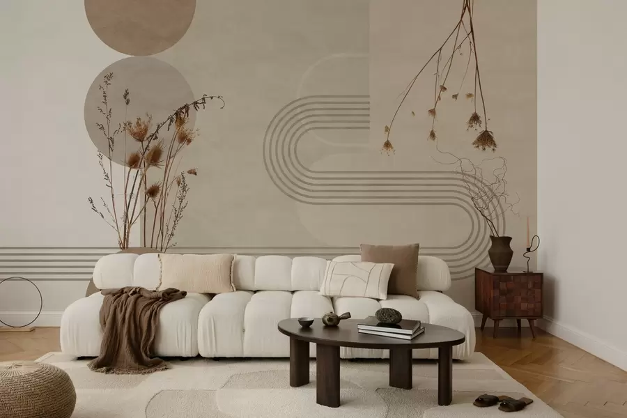 fototapeter stilig geometri og tørkede blomster i beige toner w03449