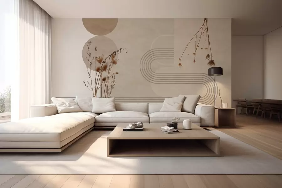 fototapeter stilig geometri og tørkede blomster i beige toner w03449