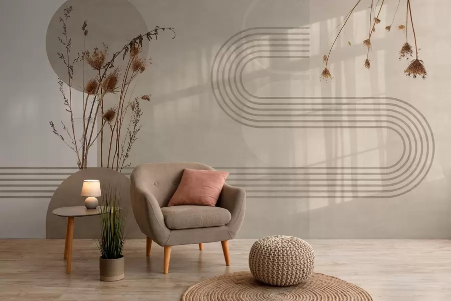 fototapeter stilig geometri og tørkede blomster i beige toner w03449