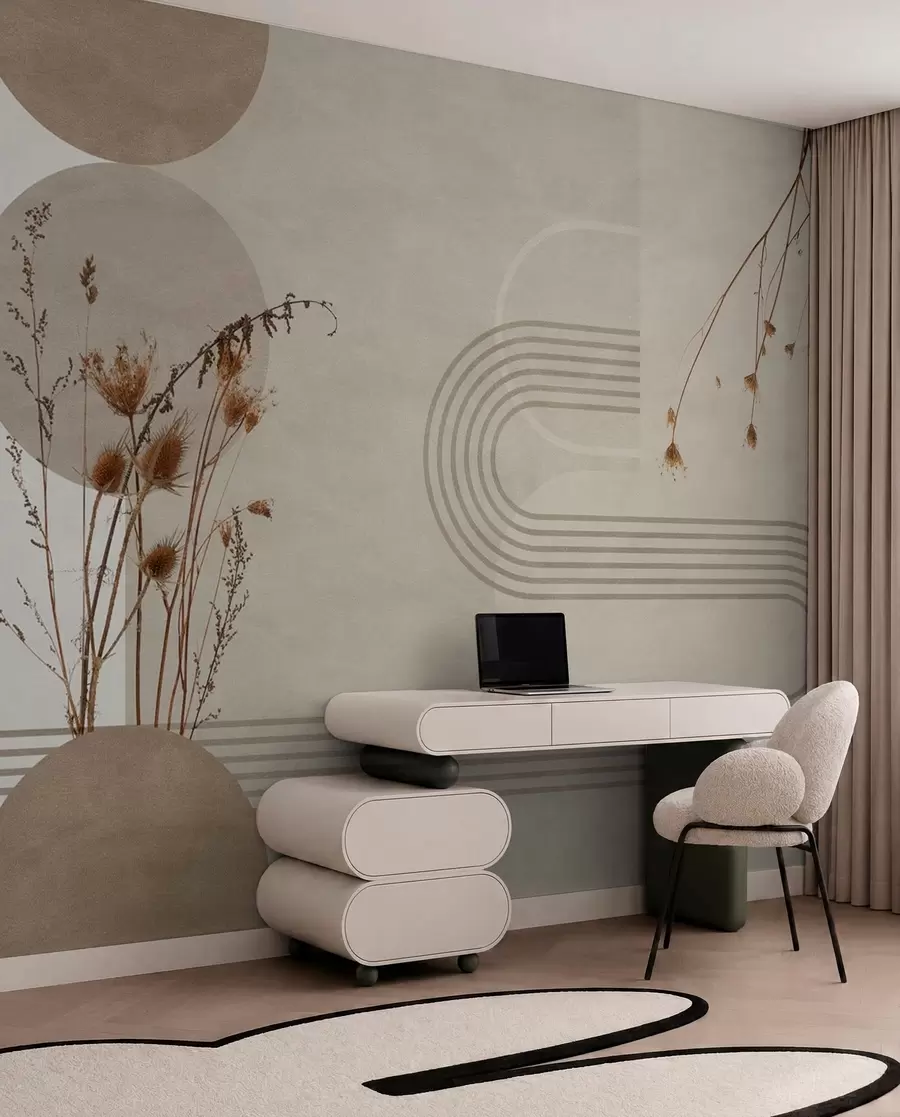 fototapeter stilig geometri og tørkede blomster i beige toner w03449