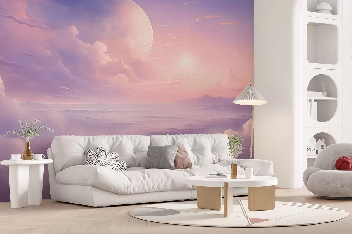fototapeter Magisk lilla-rosa himmel med månen og skyene w08986