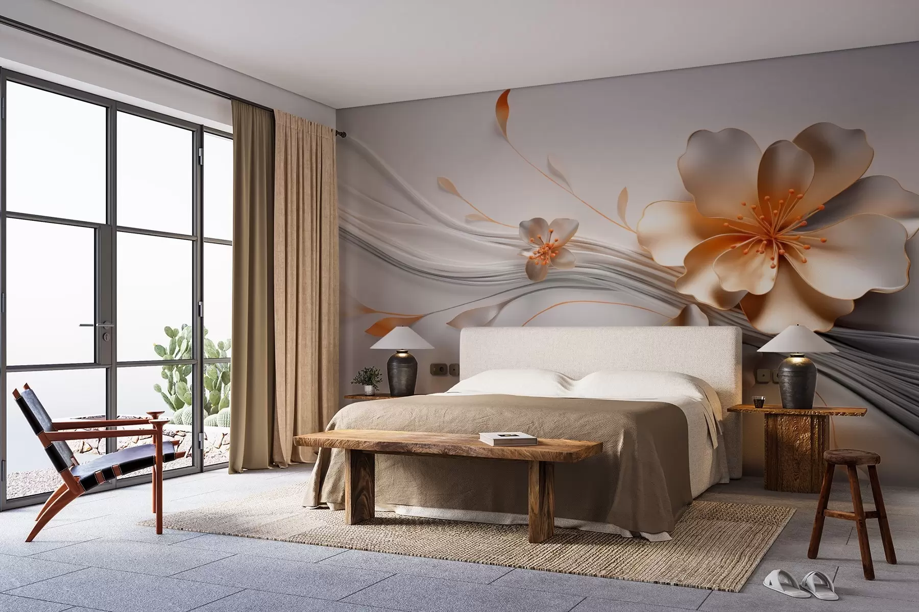 fototapeter En oransje blomst på en grå, abstrakt bakgrunn w09004