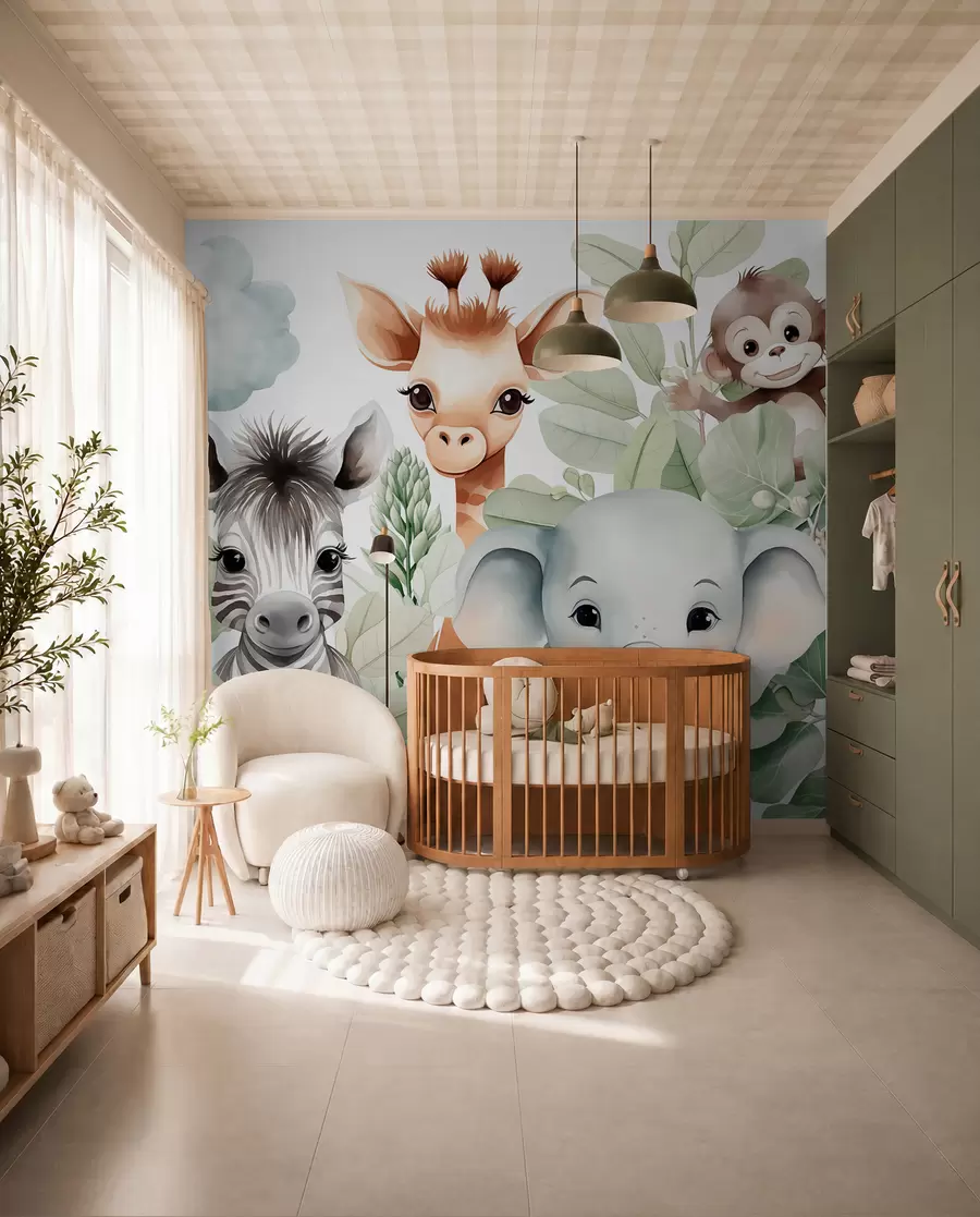 fototapeter Sjiraff, sebra, elefant og ape blant løvverket w03677
