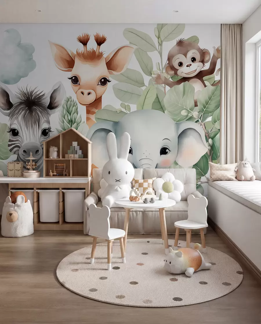 fototapeter Sjiraff, sebra, elefant og ape blant løvverket w03677