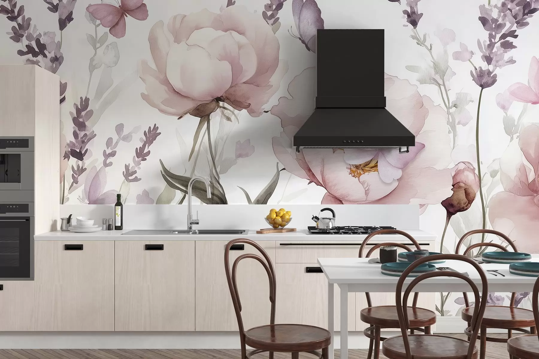 fototapeter Blomstereng, pioner, lavendel, sommerfugler, akvarellstil, rosa farger w03668