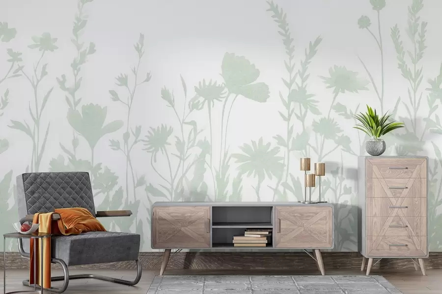 fototapeter Sommereng, rustikk, blomster, grønn fargepalett  w03670v3