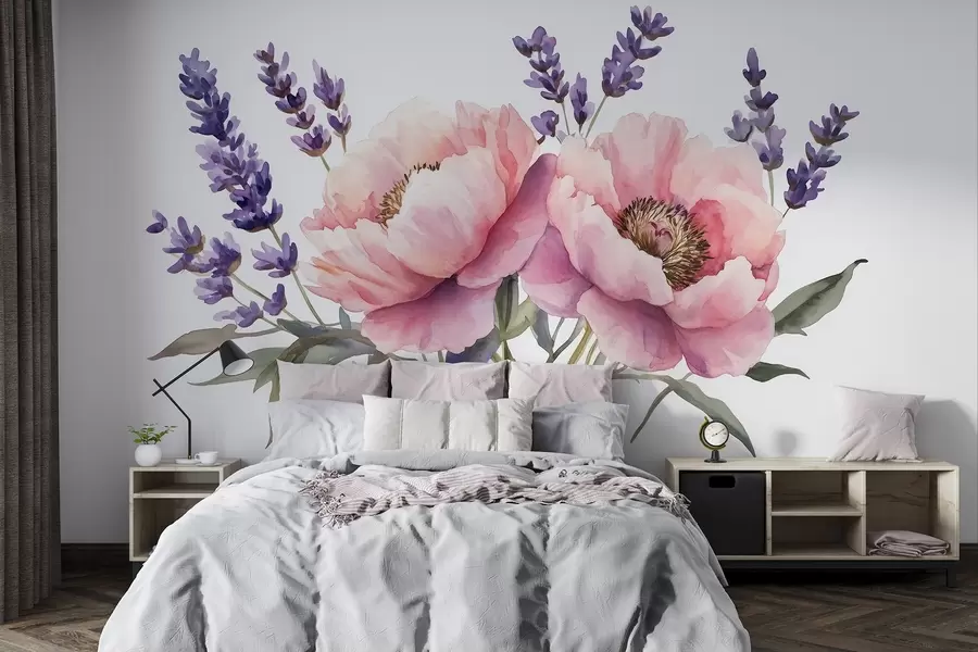 fototapeter Pioner i akvarellstil, lavendel, blomster, naturlige farger w03671