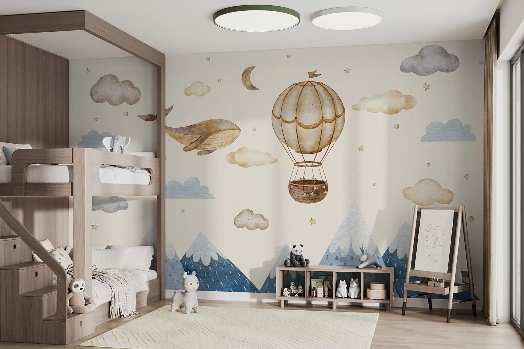 fototapeter Luftballong, søt hval, stjernehimmel, fjell, akvarell, blå og beige farger w03672