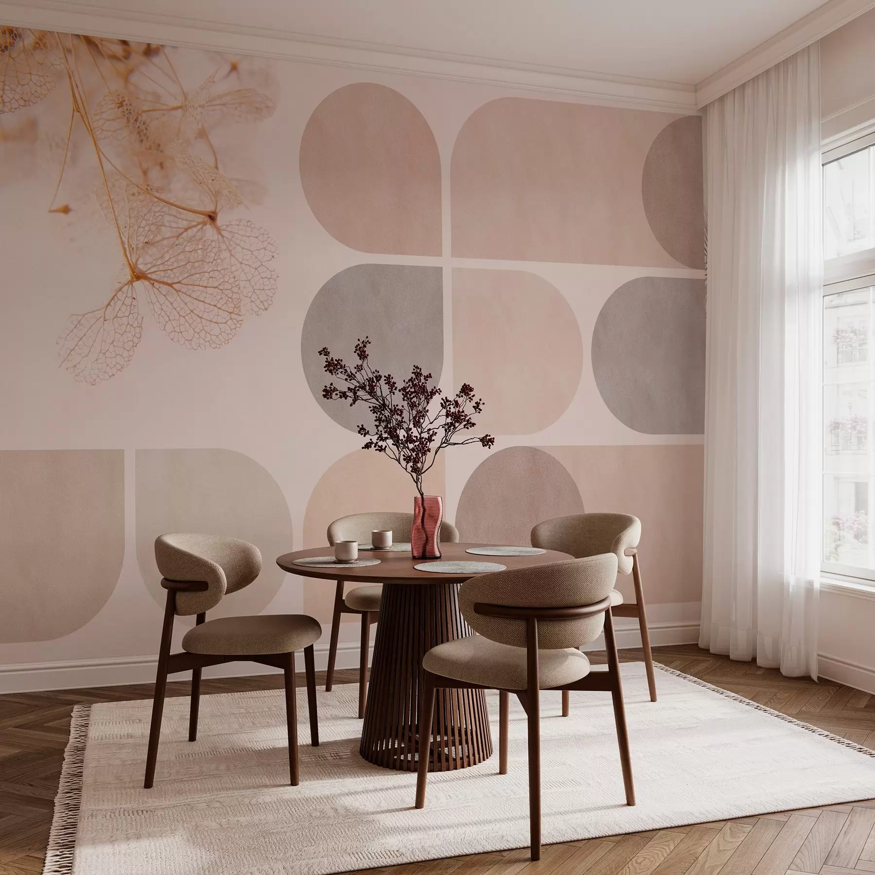 fototapeter geometri og tørkede blomster med årer i beige toner w03617