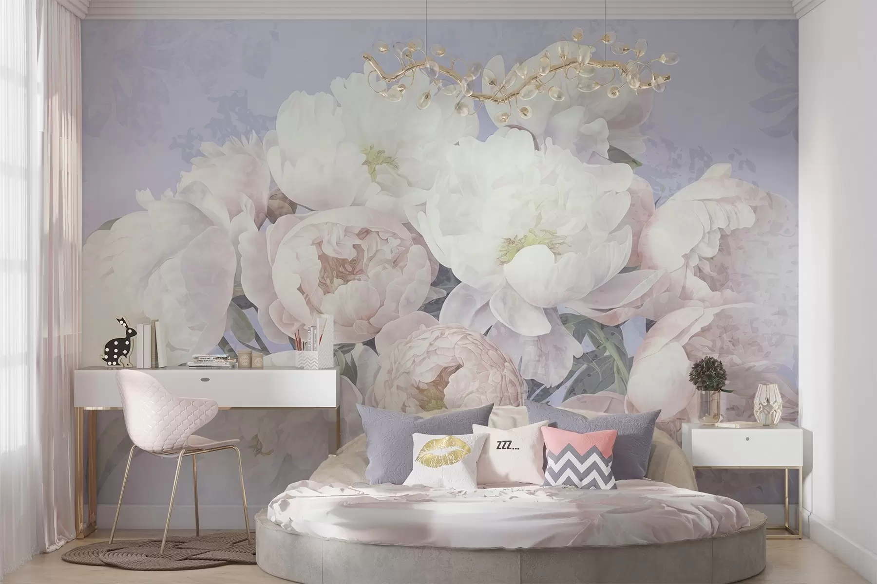 fototapeter Abstrakte, teksturerte ferskenfargede og hvite pioner med grønne blader, lys bakgrunn, myke og delikate farger, vintage-stil w09008v1