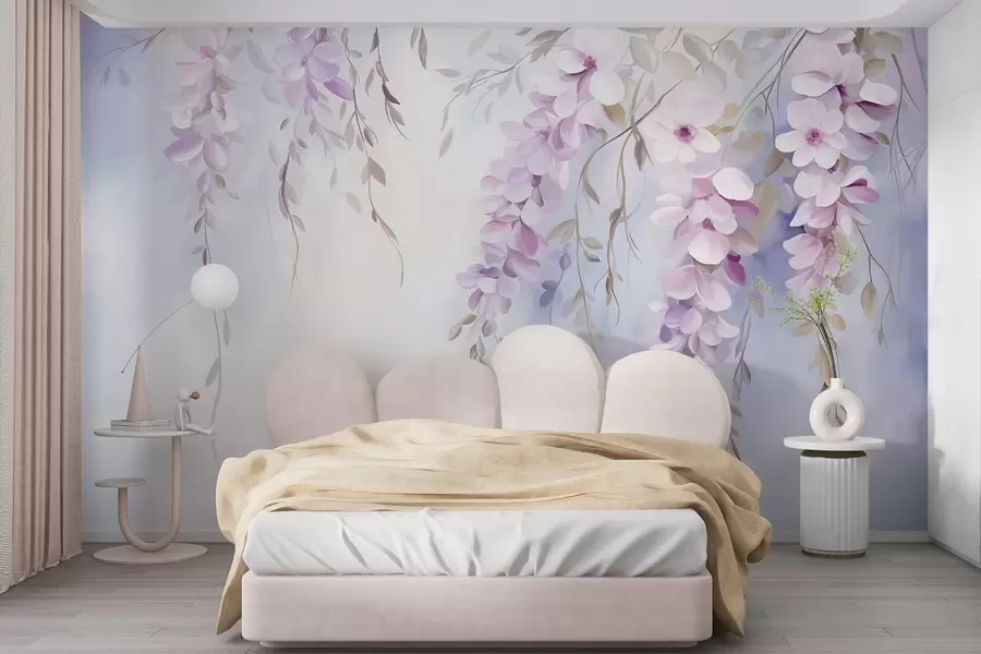 fototapeter Blåregnblomster med lilla kronblader og grønne blader som henger fra grener, myke pastellfarger, pastellfarget bakgrunn w09010