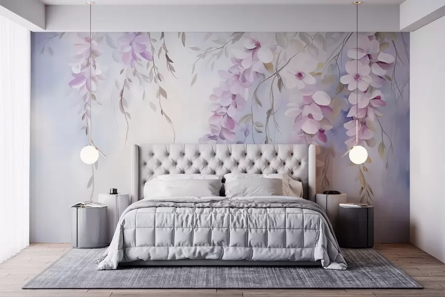fototapeter Blåregnblomster med lilla kronblader og grønne blader som henger fra grener, myke pastellfarger, pastellfarget bakgrunn w09010