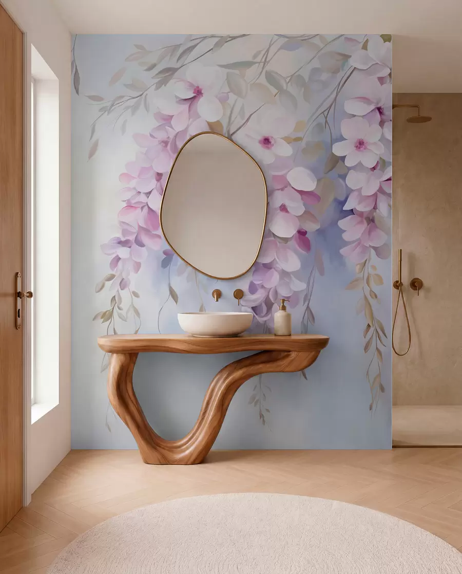 fototapeter Blåregnblomster med lilla kronblader og grønne blader som henger fra grener, myke pastellfarger, pastellfarget bakgrunn w09010