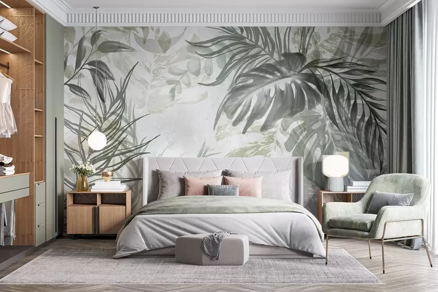 fototapeter Monstera og palmeblader i nyanser av grønt og grått, botanisk, tropisk bladverk, jungelplanter, strukturert bakgrunn w09011