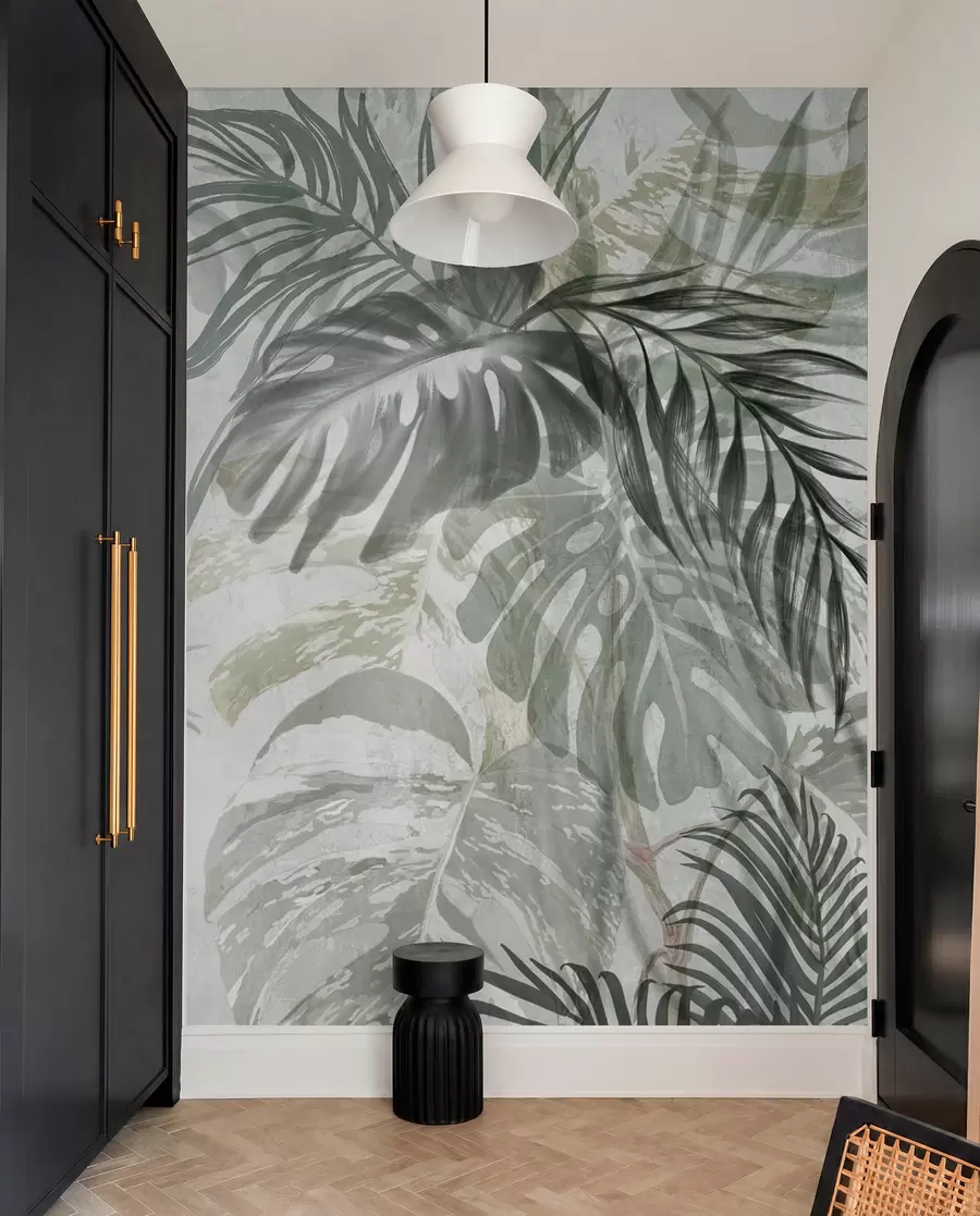 fototapeter Monstera og palmeblader i nyanser av grønt og grått, botanisk, tropisk bladverk, jungelplanter, strukturert bakgrunn w09011