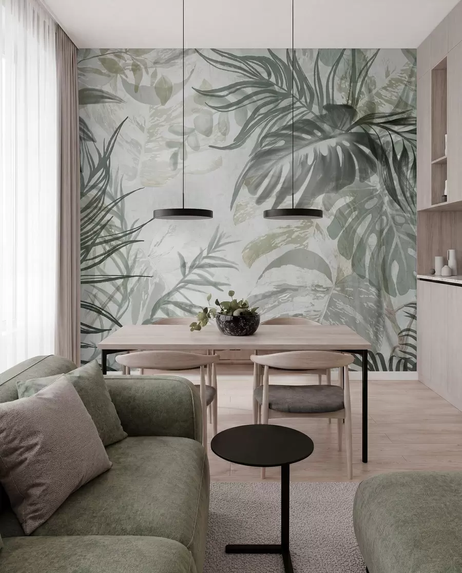 fototapeter Monstera og palmeblader i nyanser av grønt og grått, botanisk, tropisk bladverk, jungelplanter, strukturert bakgrunn w09011