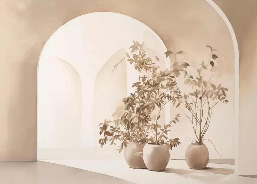 fototapeter Planter i potter med beige toner foran abstrakte buer, minimalistisk stil, elegant og ren, nøytral bakgrunn w09013