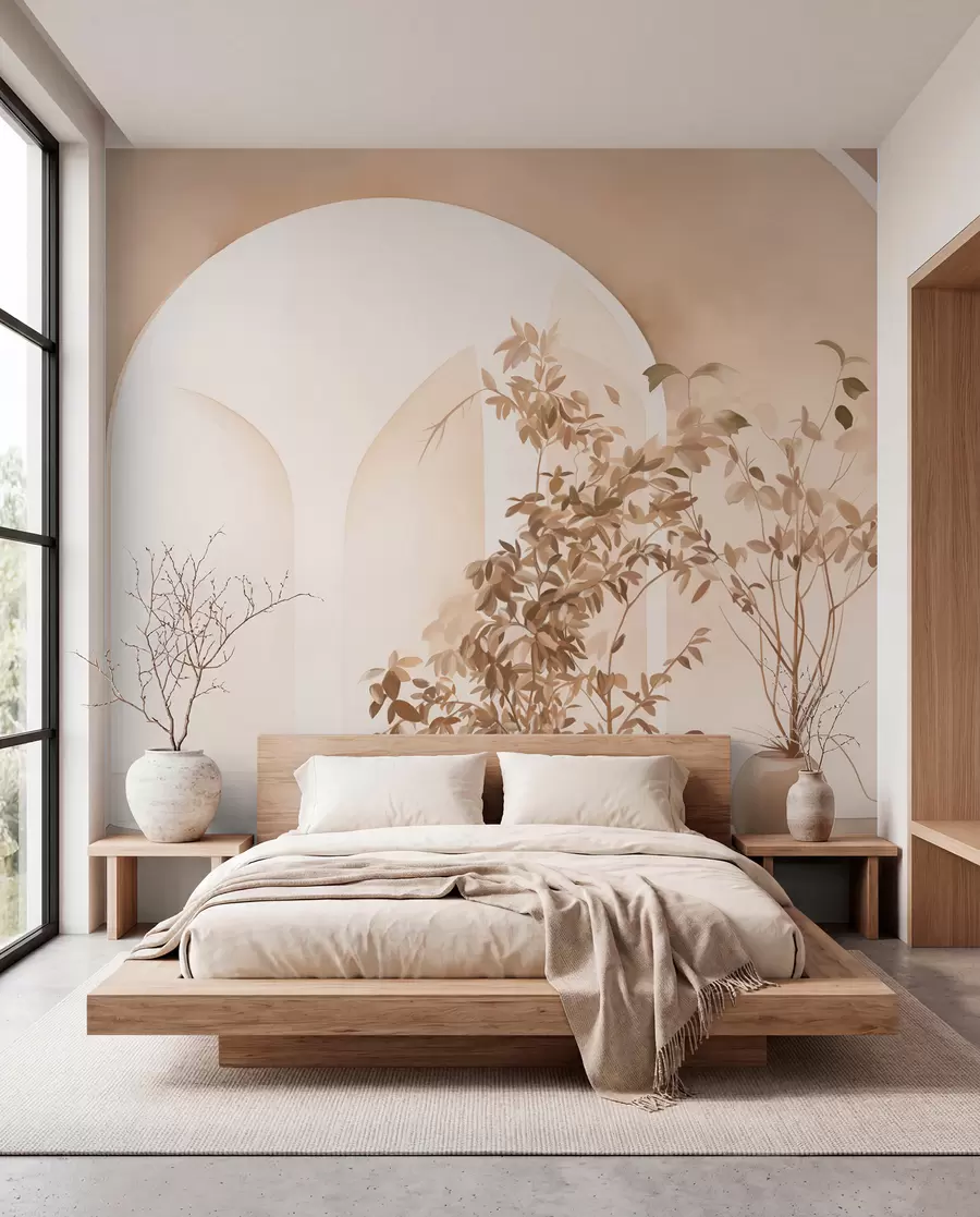 fototapeter Planter i potter med beige toner foran abstrakte buer, minimalistisk stil, elegant og ren, nøytral bakgrunn w09013