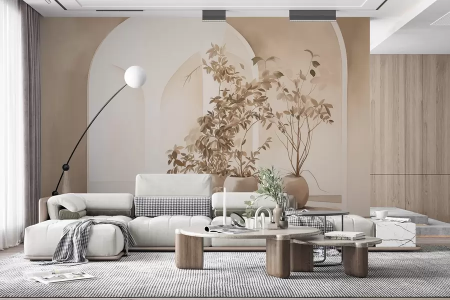 fototapeter Planter i potter med beige toner foran abstrakte buer, minimalistisk stil, elegant og ren, nøytral bakgrunn w09013