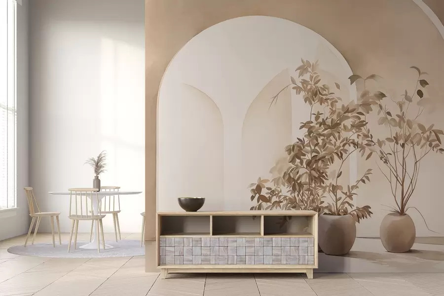fototapeter Planter i potter med beige toner foran abstrakte buer, minimalistisk stil, elegant og ren, nøytral bakgrunn w09013