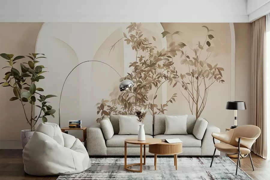 fototapeter Planter i potter med beige toner foran abstrakte buer, minimalistisk stil, elegant og ren, nøytral bakgrunn w09013
