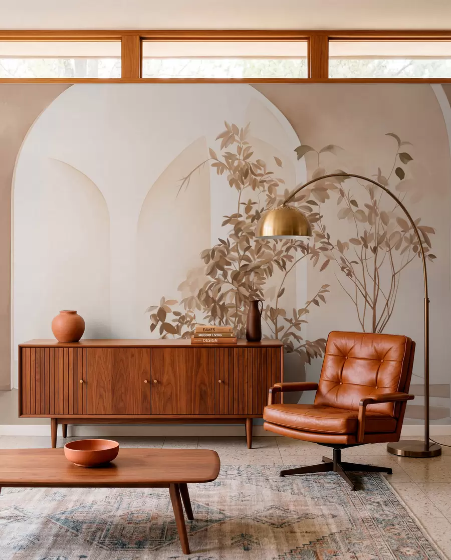 fototapeter Planter i potter med beige toner foran abstrakte buer, minimalistisk stil, elegant og ren, nøytral bakgrunn w09013