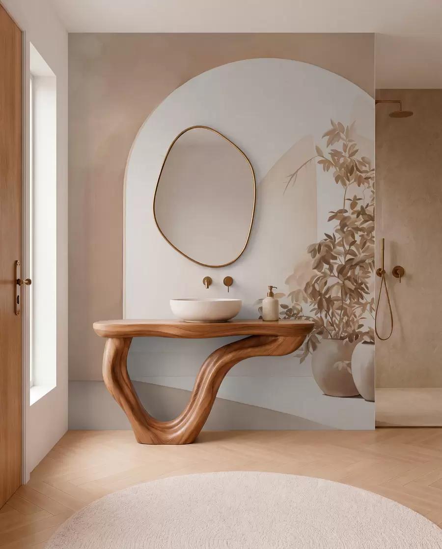 fototapeter Planter i potter med beige toner foran abstrakte buer, minimalistisk stil, elegant og ren, nøytral bakgrunn w09013