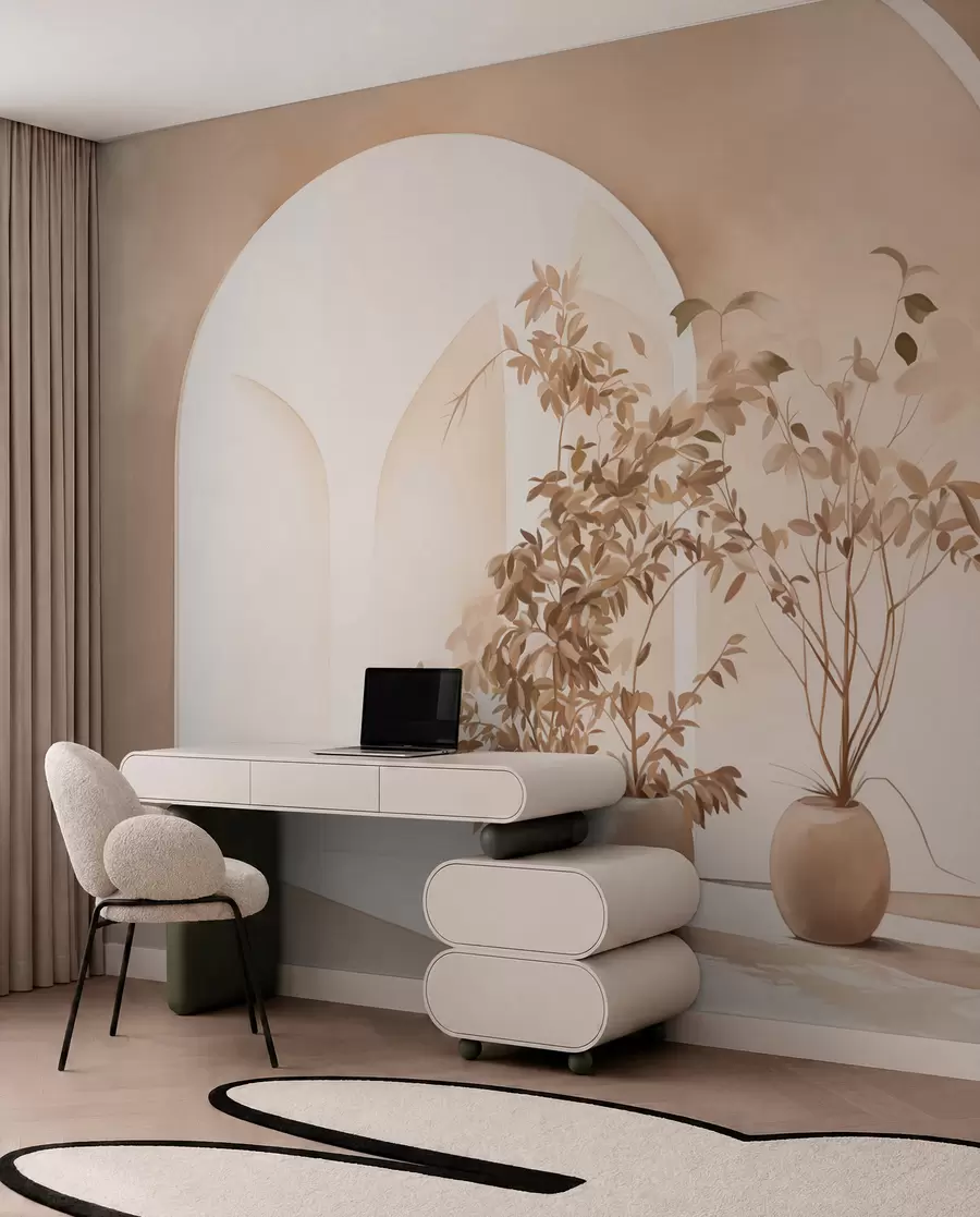 fototapeter Planter i potter med beige toner foran abstrakte buer, minimalistisk stil, elegant og ren, nøytral bakgrunn w09013