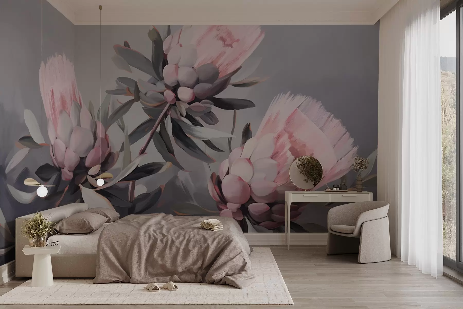 fototapeter Abstrakte rosa proteablomster med grå blader, myke teksturerte penselstrøk, dempede farger, mot en uskarp grå bakgrunn w09014