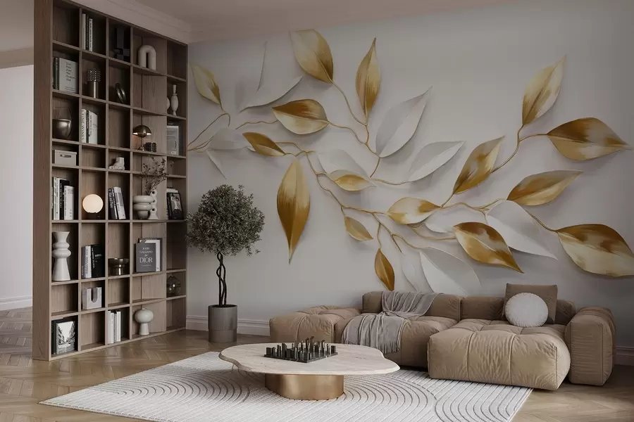 fototapeter Gule og hvite blader på en gren , elegant design, hvit bakgrunn, minimalistisk stil, dekorativ kunst , naturinspirert w09015