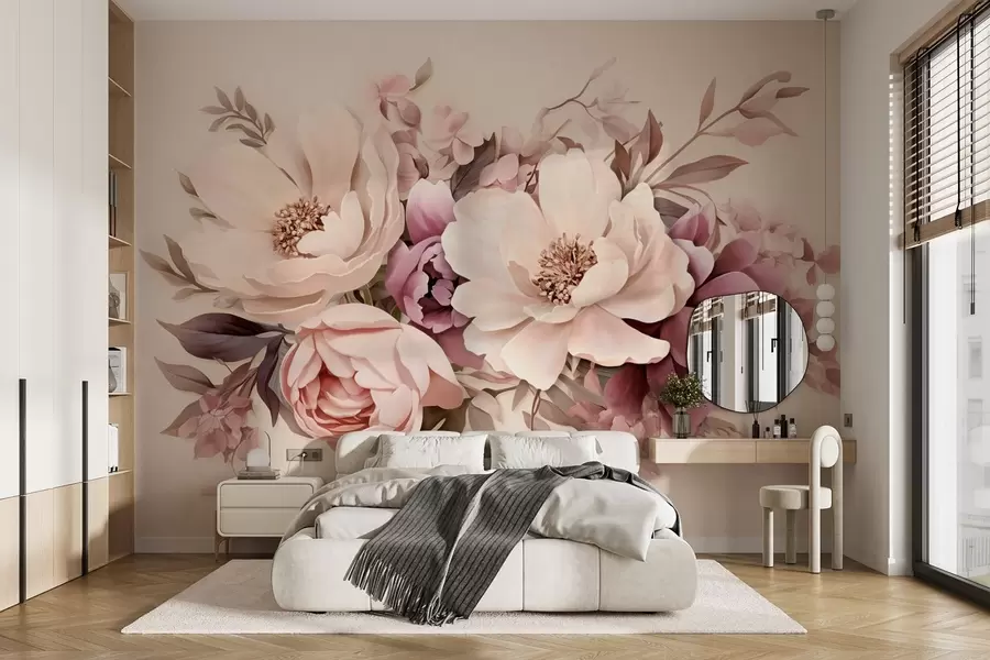 fototapeter Delikat komposisjon av rosa og beige blomster, pioner med blader w09019