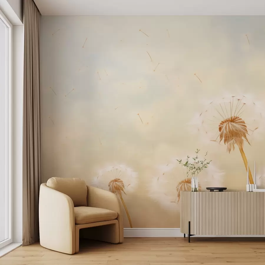 fototapeter Luftige beige løvetann som blåser i vinden mot himmelen w09028