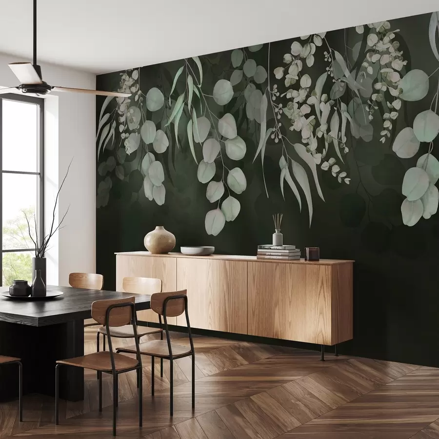 fototapeter Tropiske blader på mørkegrønn bakgrunn, blomstrete w03752