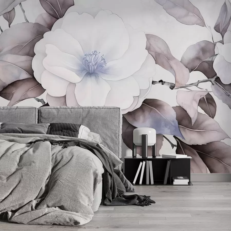 fototapeter Kameliablomster i akvarellstil på en gren, lilla farger w03761v1