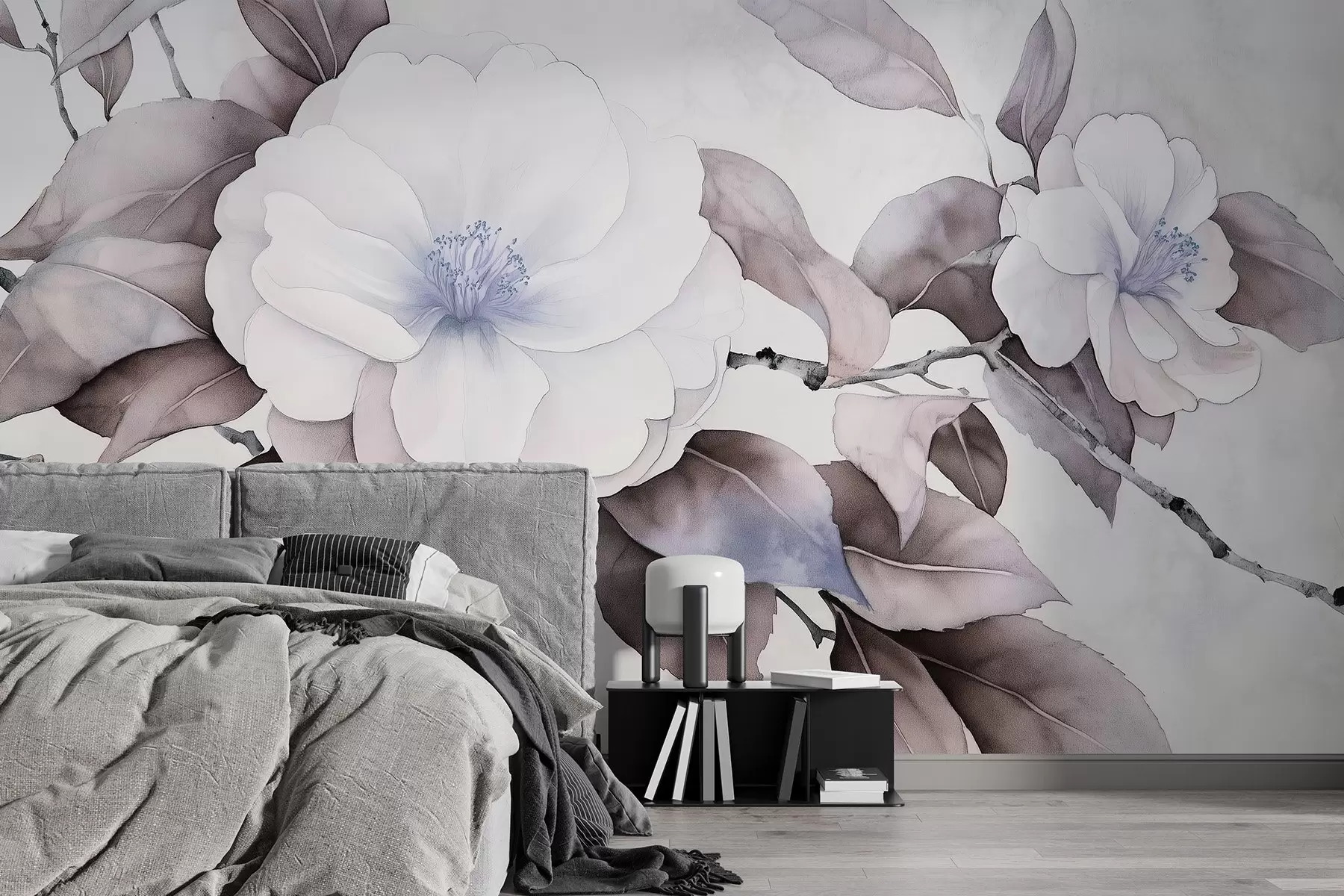 fototapeter Kameliablomster i akvarellstil på en gren, lilla farger w03761v1