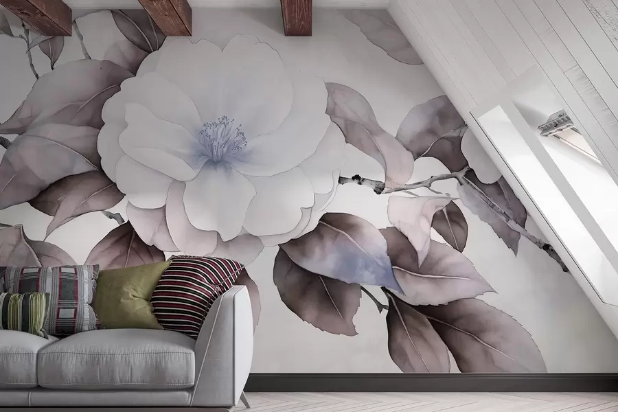 fototapeter Kameliablomster i akvarellstil på en gren, lilla farger w03761v1