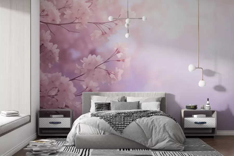 fototapeter Sakura-grener med rosa blomster på pastellfarget bakgrunn w03804