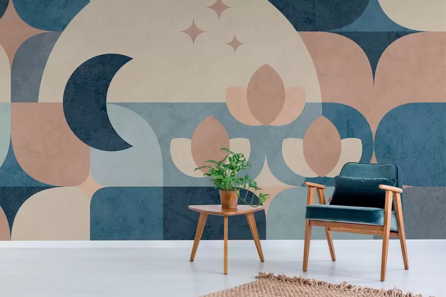 fototapeter geometrisk abstraksjon, der myke former flettes sammen med symboler av månen, blomster og stjerner. w03723