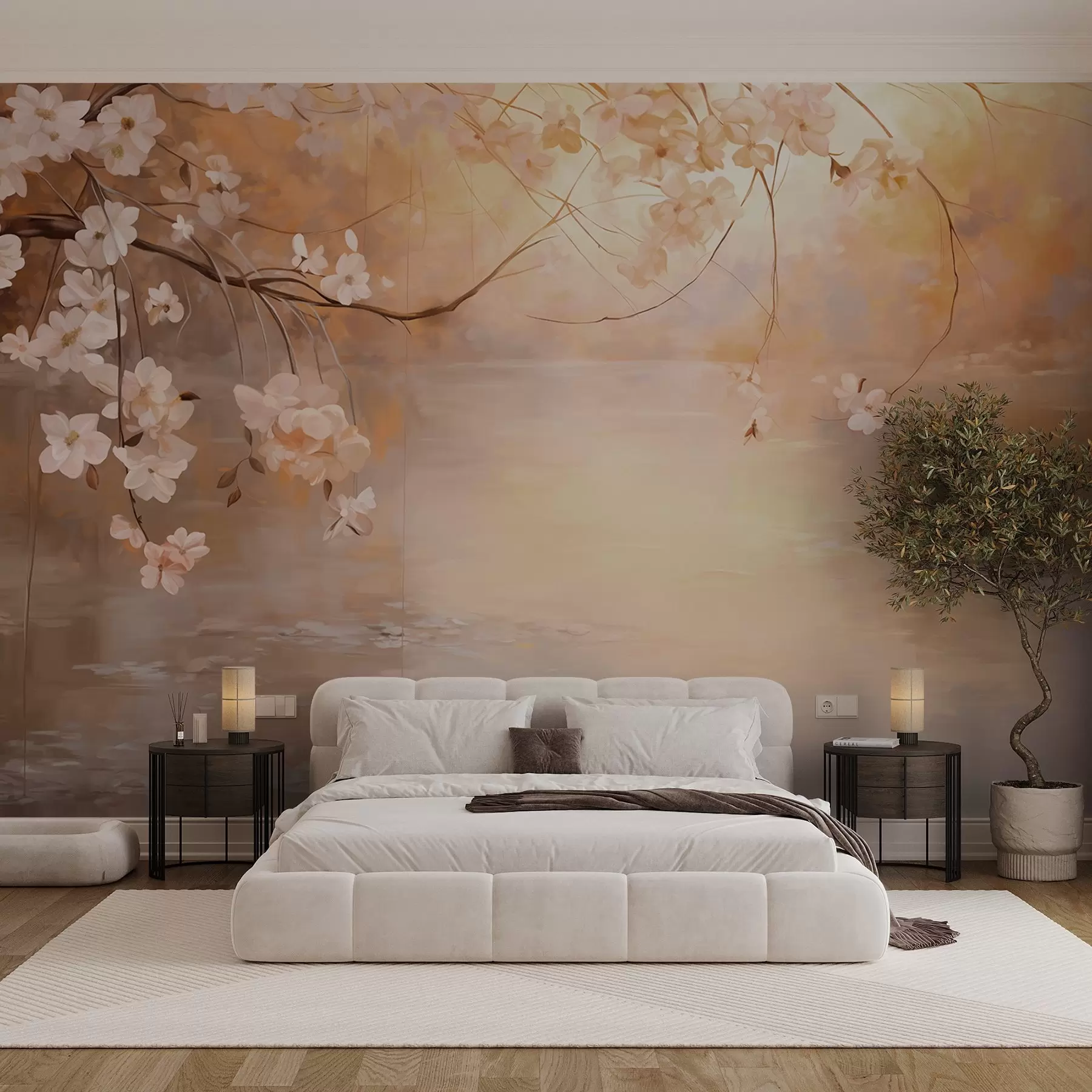 fototapeter Abstrakt landskapskunst med blomstrende grener og hvite blomster som henger over en innsjø, myke pastellfarger w09046