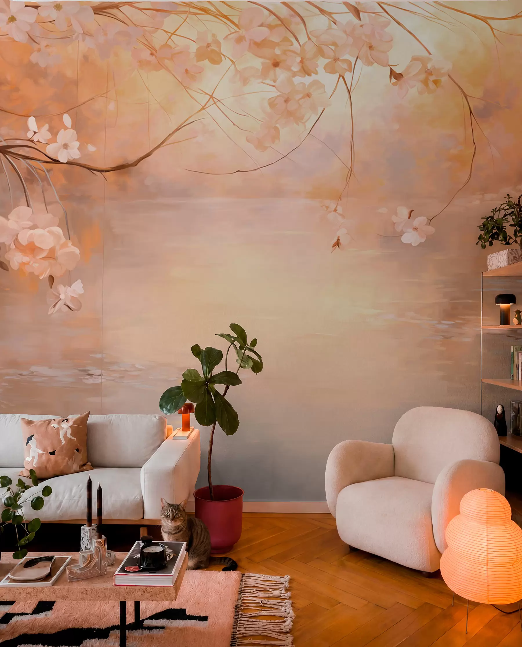 fototapeter Abstrakt landskapskunst med blomstrende grener og hvite blomster som henger over en innsjø, myke pastellfarger w09046