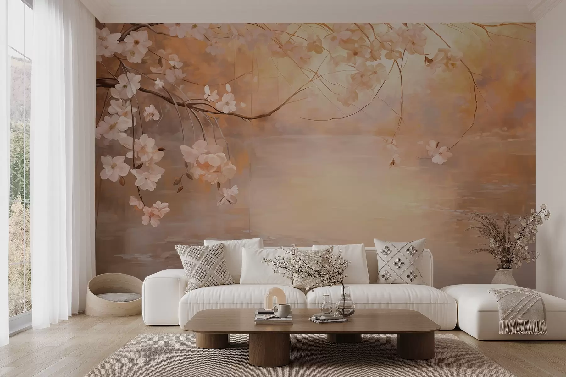 fototapeter Abstrakt landskapskunst med blomstrende grener og hvite blomster som henger over en innsjø, myke pastellfarger w09046