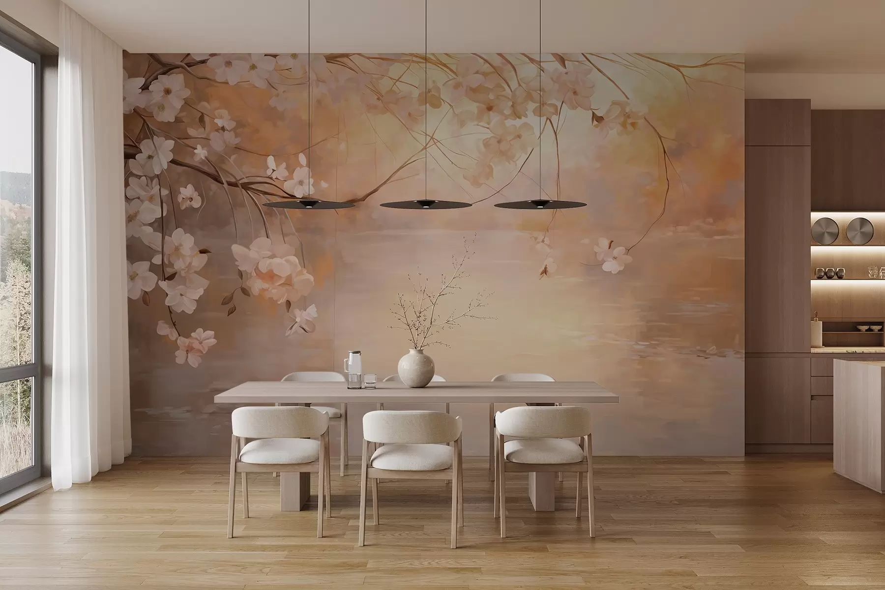 fototapeter Abstrakt landskapskunst med blomstrende grener og hvite blomster som henger over en innsjø, myke pastellfarger w09046