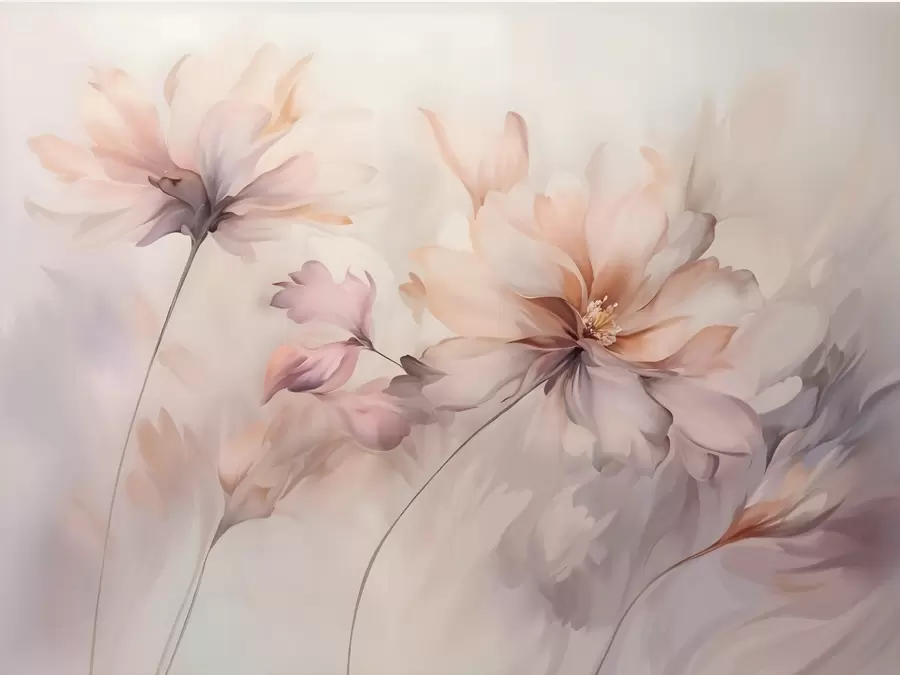 fototapeter En delikat blomsterkunst med store pastellfargede blomster med gjennomskinnelige kronblader, myke stilker og en mild diffus bakgrunn  w09050