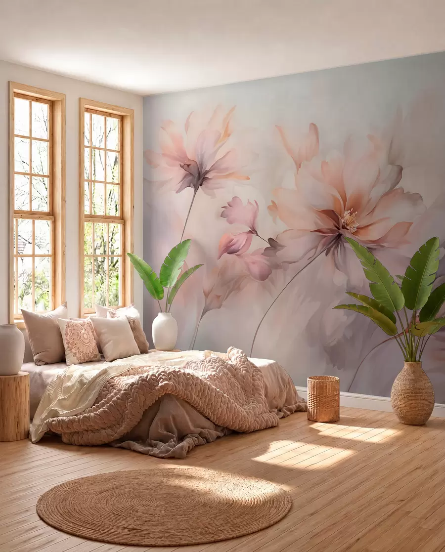 fototapeter En delikat blomsterkunst med store pastellfargede blomster med gjennomskinnelige kronblader, myke stilker og en mild diffus bakgrunn  w09050