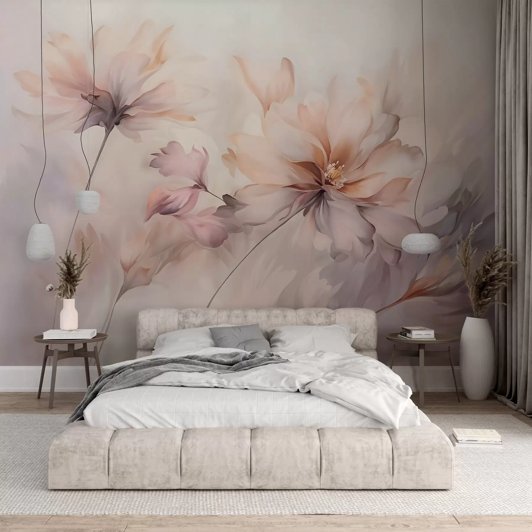 fototapeter En delikat blomsterkunst med store pastellfargede blomster med gjennomskinnelige kronblader, myke stilker og en mild diffus bakgrunn  w09050