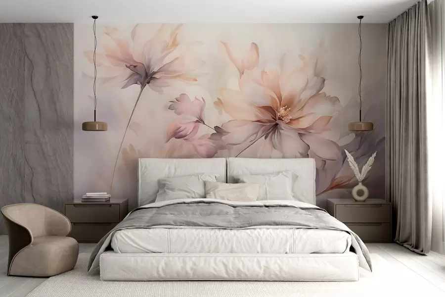 fototapeter En delikat blomsterkunst med store pastellfargede blomster med gjennomskinnelige kronblader, myke stilker og en mild diffus bakgrunn  w09050